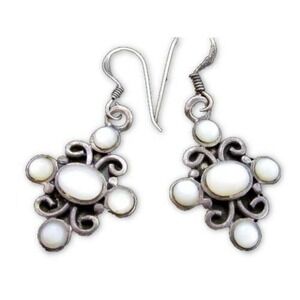 Beautiful White Gemstone Cabs Sterling Silver Filigree Dangle Drop Earrings